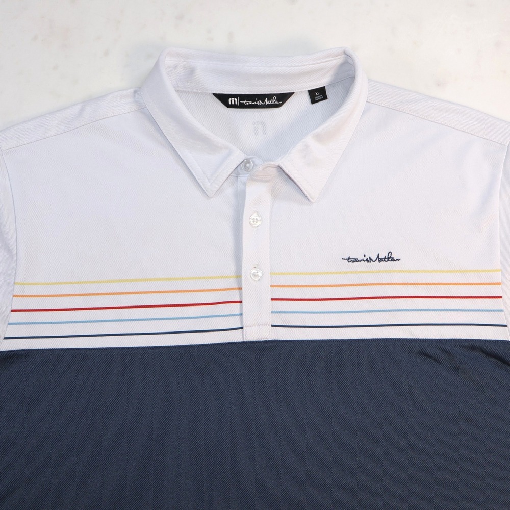 TravisMathew Mens XL Blue White Striped Short Sleeve Golf Polo Shirt